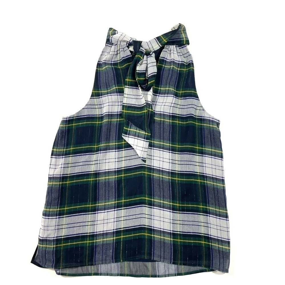 J Crew Tie Neck Halter Blouse Stewart Plaid  H3481